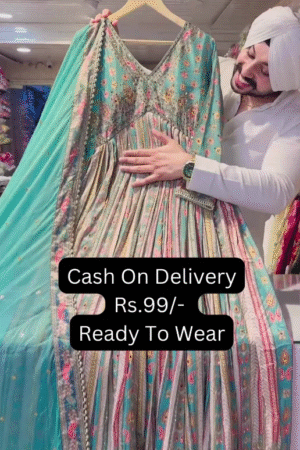 Sea Blue Chinon Heavy Alia Anarkali Gown With Beautiful Sequence Work Duppata