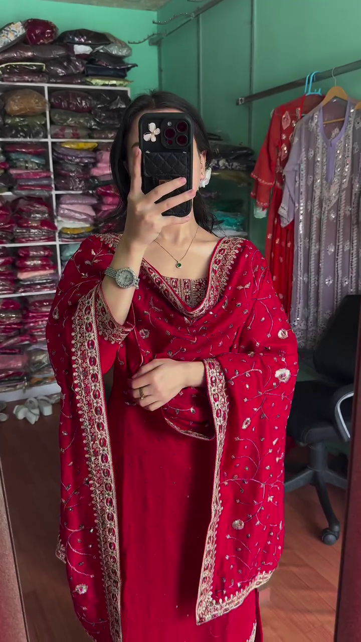 Multicolor silk heavy handwork kurta set with dupatta - Image 4