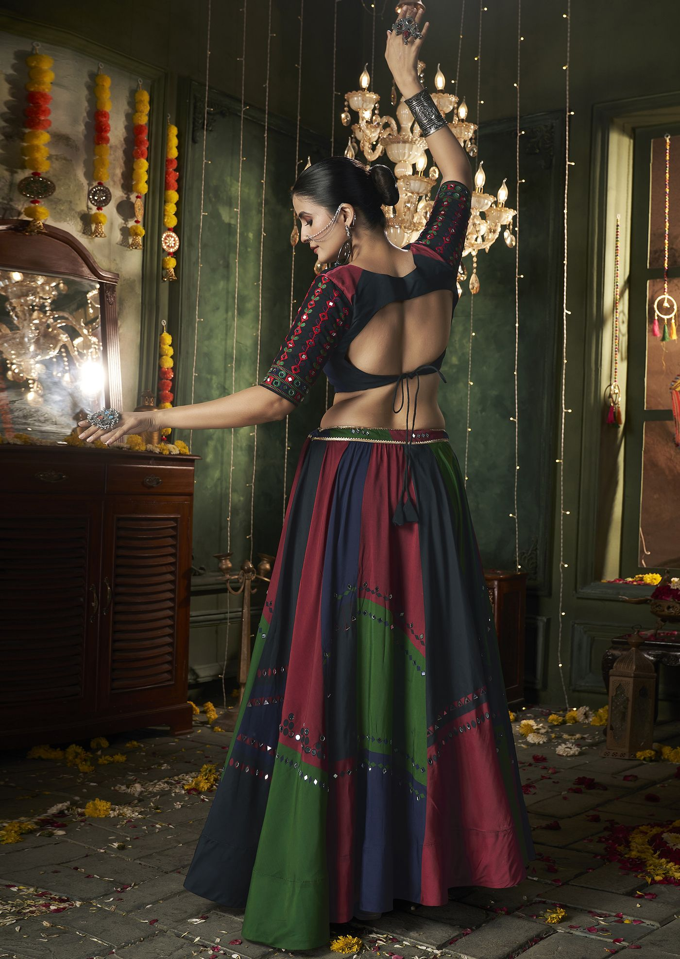 Multi Color Thread Mirror Embellished Maslin Cotton Lehenga Set - Image 4
