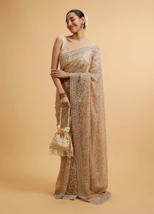Beige Bel Buti Patterned Stone Embellished Saree