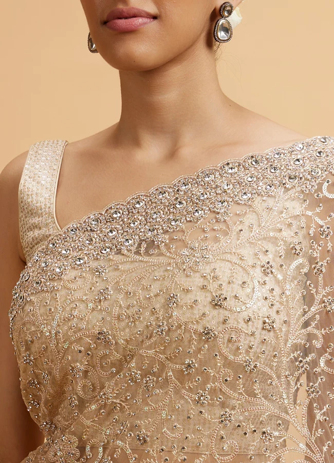 Beige Bel Buti Patterned Stone Embellished Saree - Image 3