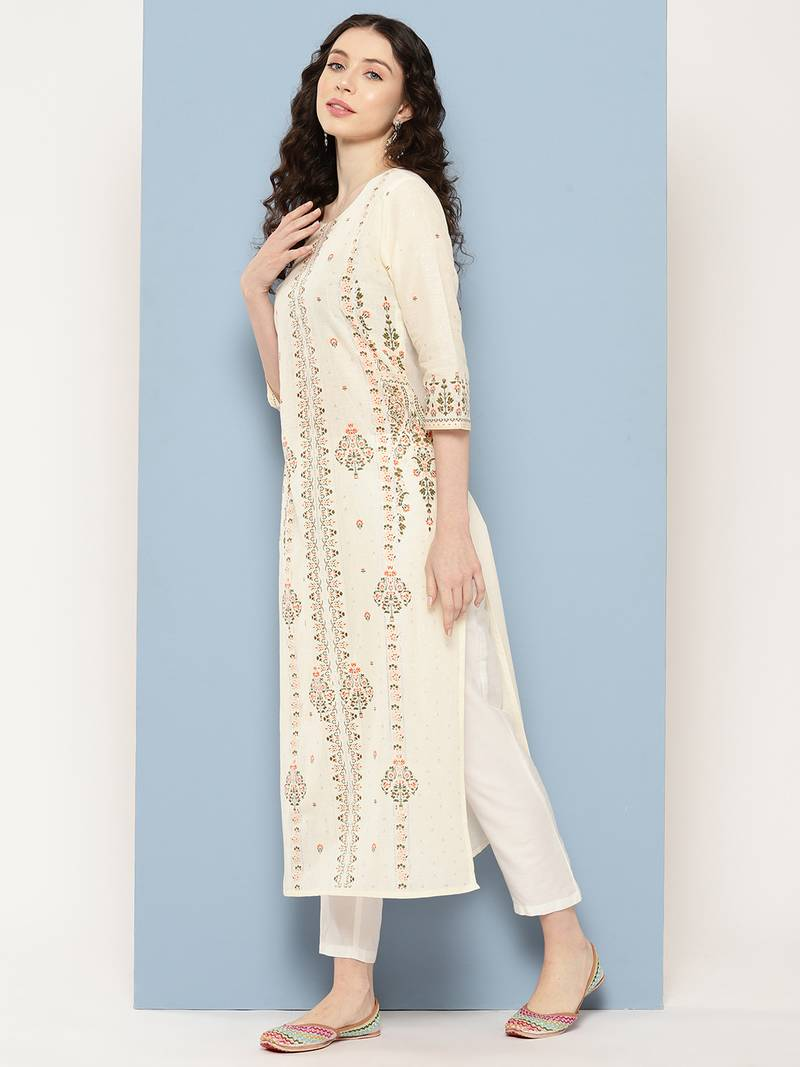 Off White Floral Printed Kurta – Effortless Elegance in Soft Florals - Image 2