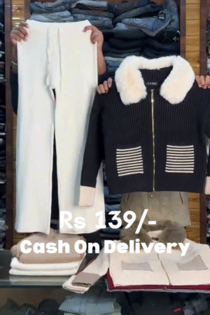 Black Ribbed Zip‑Up Jacket with Faux Fur Collar & White Knit Jogger Set 🖤🤍❄️