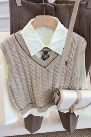 Neutral Cable Knit Sweater Vest, Shirt & Tailored Trouser Preppy Set 🤍🤎👔