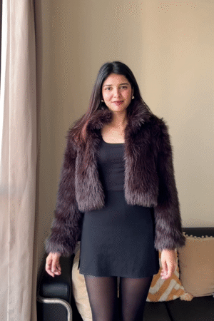 Deep Chocolate Faux Fur Cropped Jacket with Black Bodycon Dress Set 🤎🖤