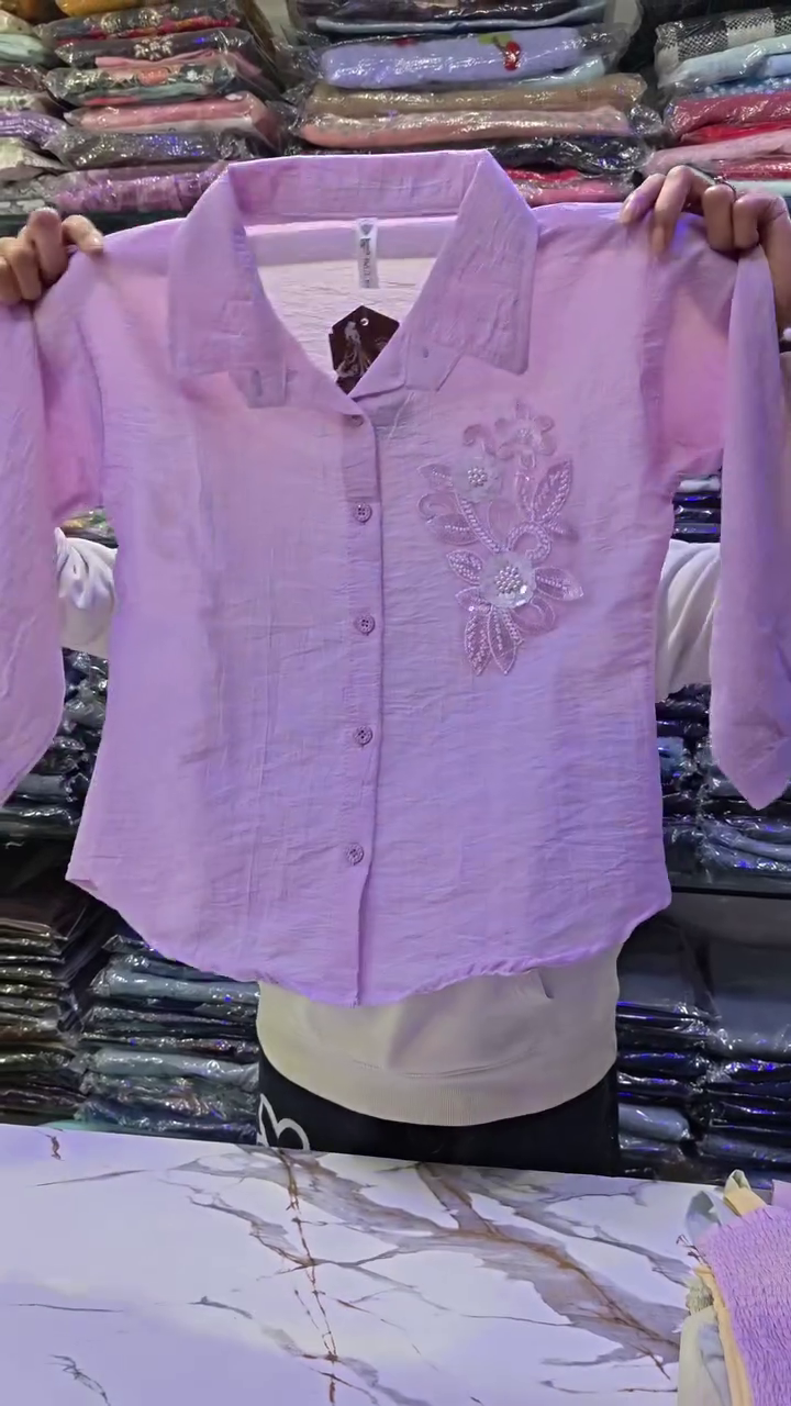 Lavender Dream Long-Sleeved Collared Shirt๐ with Floral ๐ธ Embroidery + Bead โจ Detailing