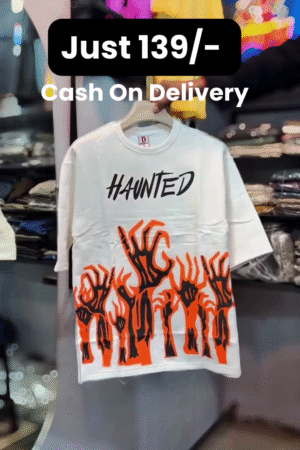 Haunted Graphic White T-Shirt 👕 with Bold Black Typography 🖤 + Spooky Orange & Black Hands 🖐️🧡