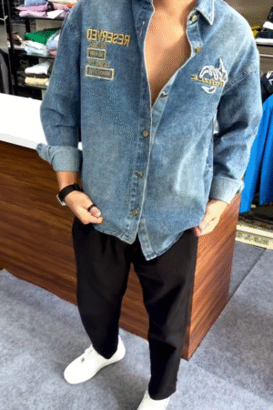 Urban Edge Denim Shirt 👕 with Embroidered Text ✍️ + Stylized Graphic 🎨 + Black Pants 👖 + White Sneakers 👟