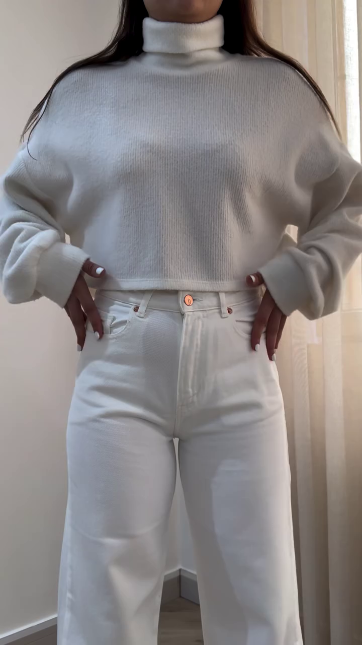 Monochrome Elegance White Turtleneck Sweater 👕 + High-Waisted White Jeans 👖 + Classic White Sneakers 👟 Ensemble - Image 2