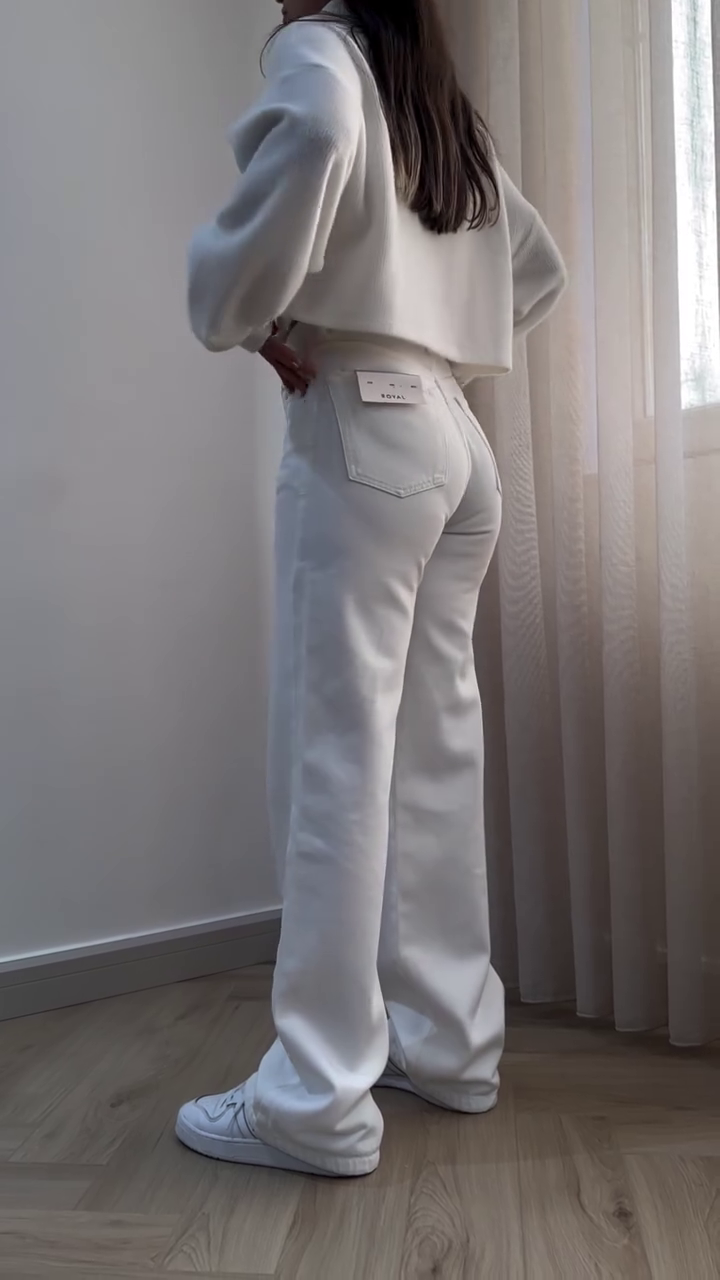 Monochrome Elegance White Turtleneck Sweater 👕 + High-Waisted White Jeans 👖 + Classic White Sneakers 👟 Ensemble - Image 3