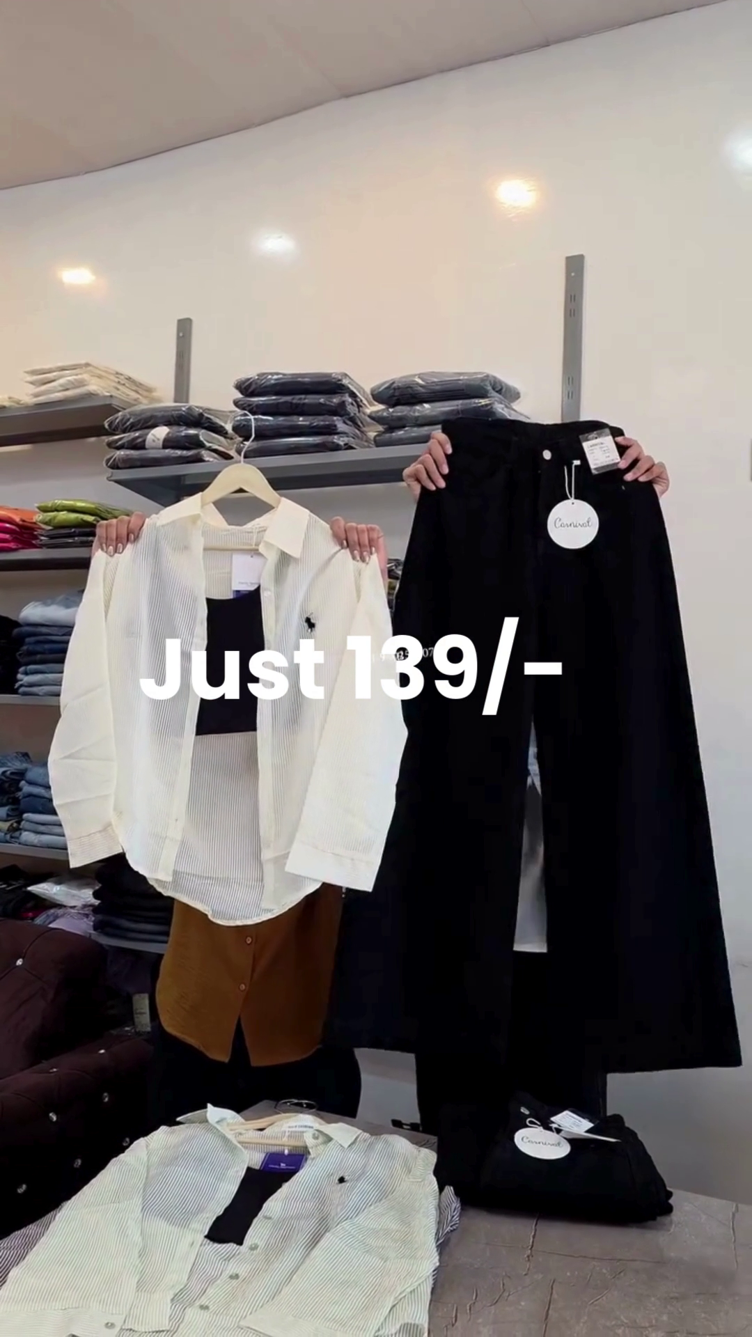 Classic White Striped Button-Up Shirt π with Subtle Chest Embroidery βοΈ + Black Wide-Leg Pants π