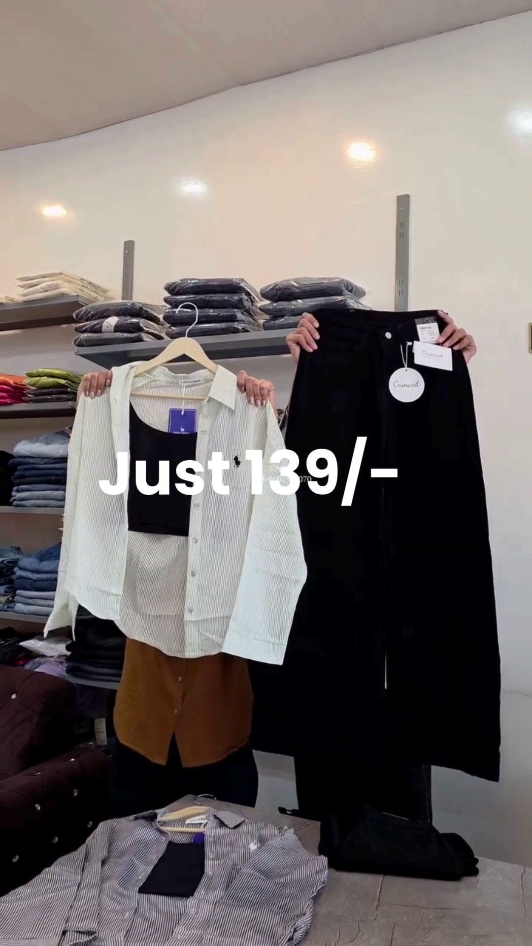 Classic White Striped Button-Up Shirt π with Subtle Chest Embroidery βοΈ + Black Wide-Leg Pants π - Image 2