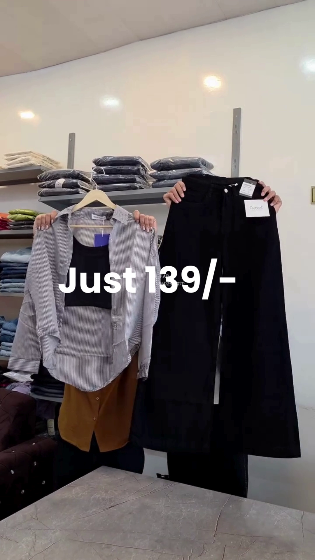 Classic White Striped Button-Up Shirt π with Subtle Chest Embroidery βοΈ + Black Wide-Leg Pants π - Image 3