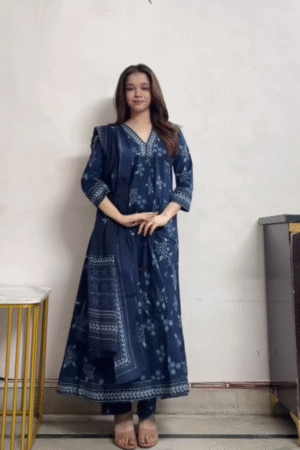 Deep Indigo Blue Ethnic Floral Printed Anarkali Kurta with Matching Dupatta & Straight Fit Pants Three-Piece Traditional Set 🌸💙✨👗