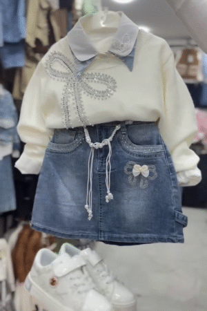 Girls Cream Pearl Bow Embellished Sweatshirt with Denim Mini Skirt & Matching White Sneakers Three-Piece Fashion Set 🎀🤍👟✨