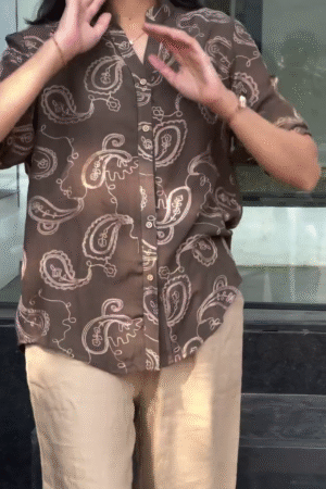 Chocolate Brown Paisley Print Button-Down Relaxed Fit Shirt with Beige Wide-Leg Trousers Casual Chic Two-Piece Outfit 🤎✨👚👖