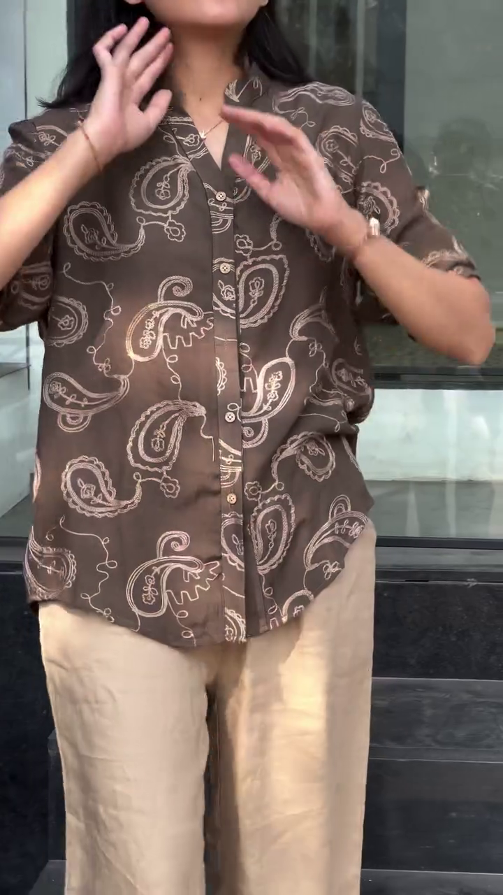 Chocolate Brown Paisley Print Button-Down Relaxed Fit Shirt with Beige Wide-Leg Trousers Casual Chic Two-Piece Outfit π€β¨ππ