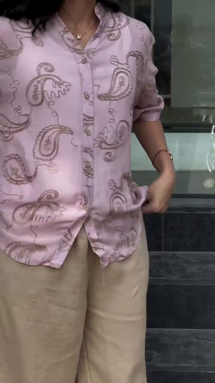 Chocolate Brown Paisley Print Button-Down Relaxed Fit Shirt with Beige Wide-Leg Trousers Casual Chic Two-Piece Outfit π€β¨ππ - Image 4