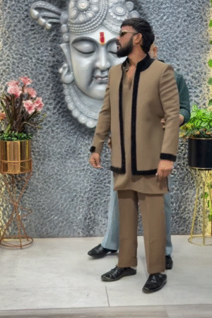 Men’s Royal Brown Designer Kurta Pajama Set with Black Velvet Trim Detailing and Structured Band Collar