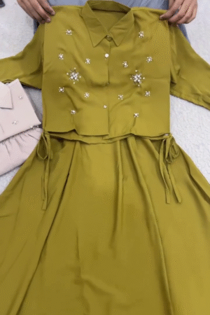 Olive Green Embellished Two-Piece Skirt Set with Floral Stone Work Crop Shirt and Flared Maxi Skirt