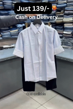 Men’s Light Grey Vertical Stripe Short-Sleeve Button-Down Shirt with Solid Black Straight-Fit Trousers Smart Casual Combo Set 👔🖤✨