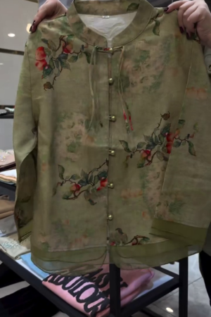 Olive Green Mandarin Collar Floral Vine Print Button-Down Relaxed Fit Long Sleeve Lightweight Ethnic Fusion Shirt 🌿🌺✨