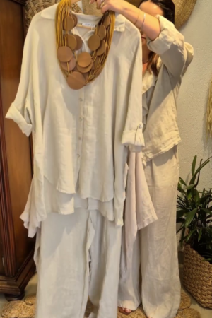 Elegant Soft Beige Linen Co-Ord Set with Layered Ruffle Front Top & Wide-Leg Relaxed Trousers 🤍🌾✨