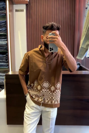 Earthy Cocoa Brown Short Sleeve Button-Down Shirt with Cream Ethnic Geometric & Floral Border Embroidery Hem Detail 🌿🤎✨