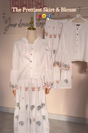 Pure White Floral Embroidered Tiered Maxi Skirt & Matching Bell Sleeve Button-Front Blouse Co-Ord Set with Multicolor Button Detail 🌼🤍✨🌸