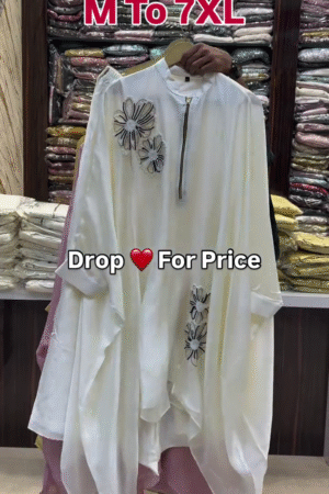 Elegant Ivory Modest Kaftan Style Flowing Abaya with Zippered Neckline & Large Floral Thread Embroidery – Loose Comfort Fit Occasion Wear 🤍🌼✨