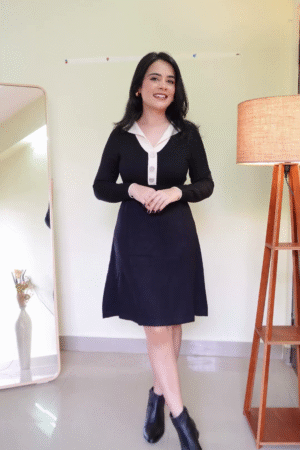 Classic Black Long-Sleeve A-Line Knit Dress with Beige Contrast Collar Detail and Buttoned Placket Front Design