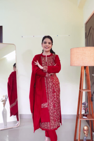 Deep Red Heavy Embroidered Straight-Cut Kurta with Intricate Gold Thread Paisley and Floral Work Paired with Matching Red Straight Pants and Coordinated Dupatta