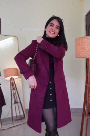 Classic Maroon Double-Breasted Long Winter Coat with Inner Black Button-Down Dress – Smart Chic Layered Office & Evening Outfit ❤️🖤