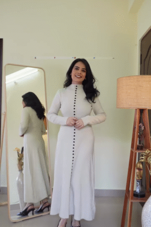 Elegant Ivory High-Neck Full-Length Button-Front Ribbed Knit Maxi Dress with Flared Hem & Long Sleeves – Winter Minimal Luxe Statement Outfit 🤍✨