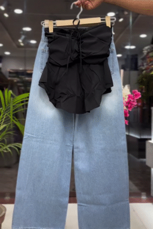 Black Bow Strapless Statement Top with Denim Pants Fashion Set