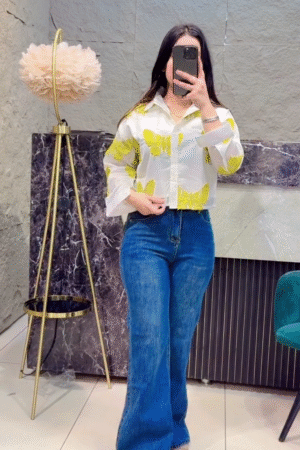 White Butterfly Print Shirt With Blue Flared Denim Jeans Combo Outfit