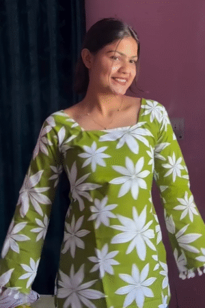 Floral Print Square-Neck Fitted Top with Long Flared Sleeves for Women