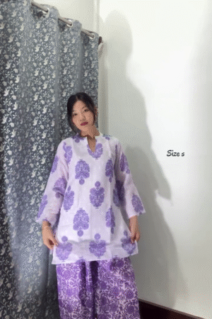 Soft Lavender Hand-Block Style Floral Print Kurta and Wide-Leg Palazzo Lounge Set for Women