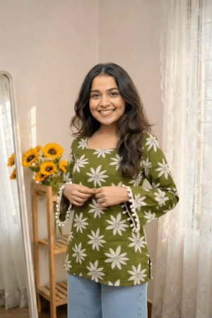Olive Green Large Daisy Floral Print Square Neck Tunic Top with Pom-Pom Trim Flared Sleeves for Women