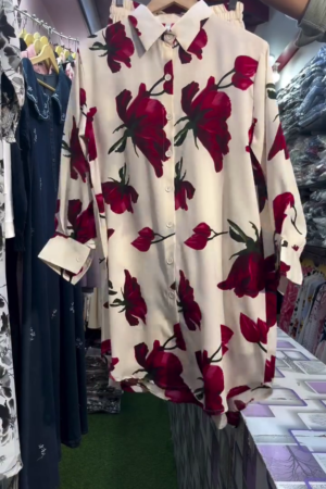 Women Cream Base Red Rose Floral Printed Long Shirt | Elegant Casual Tunic