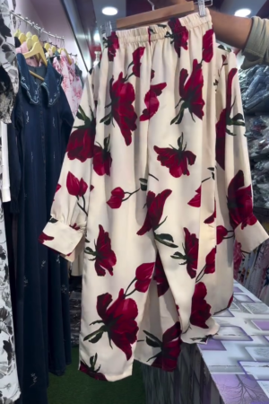 Women Cream Base Red Rose Floral Printed Long Shirt | Elegant Casual Tunic