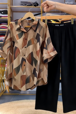 Abstract Print Shirt & Black Wide-Leg Pants Co-Ord Set