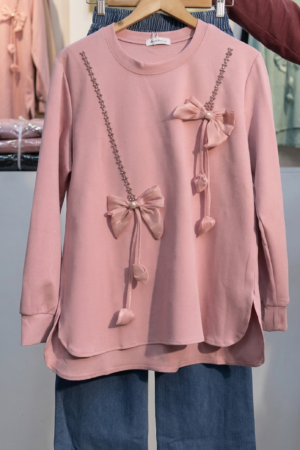 Elegant Pink Bow Detail Top & Denim Pants Set